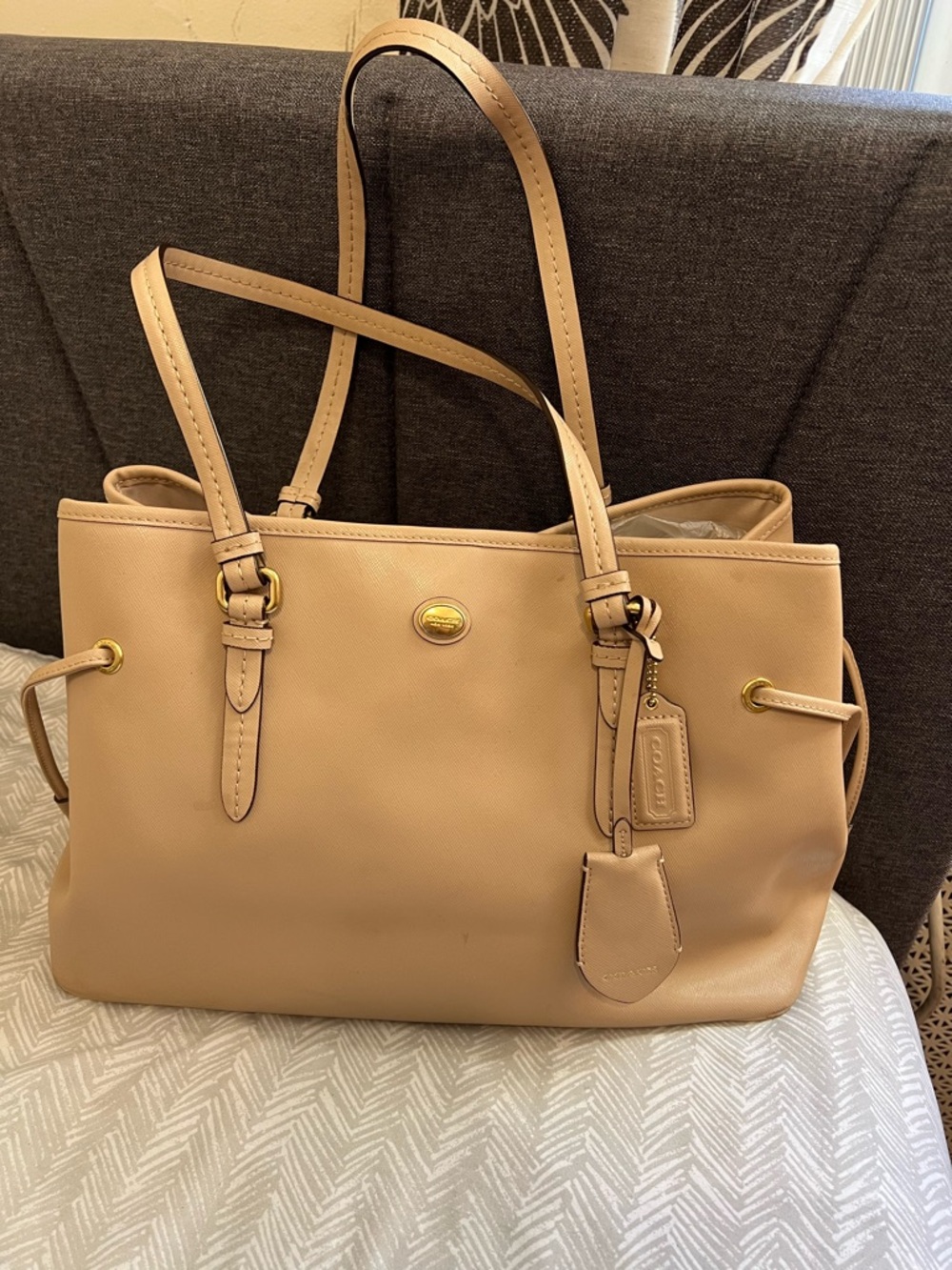 Coach Beige Leather Tote with Gold Hardware